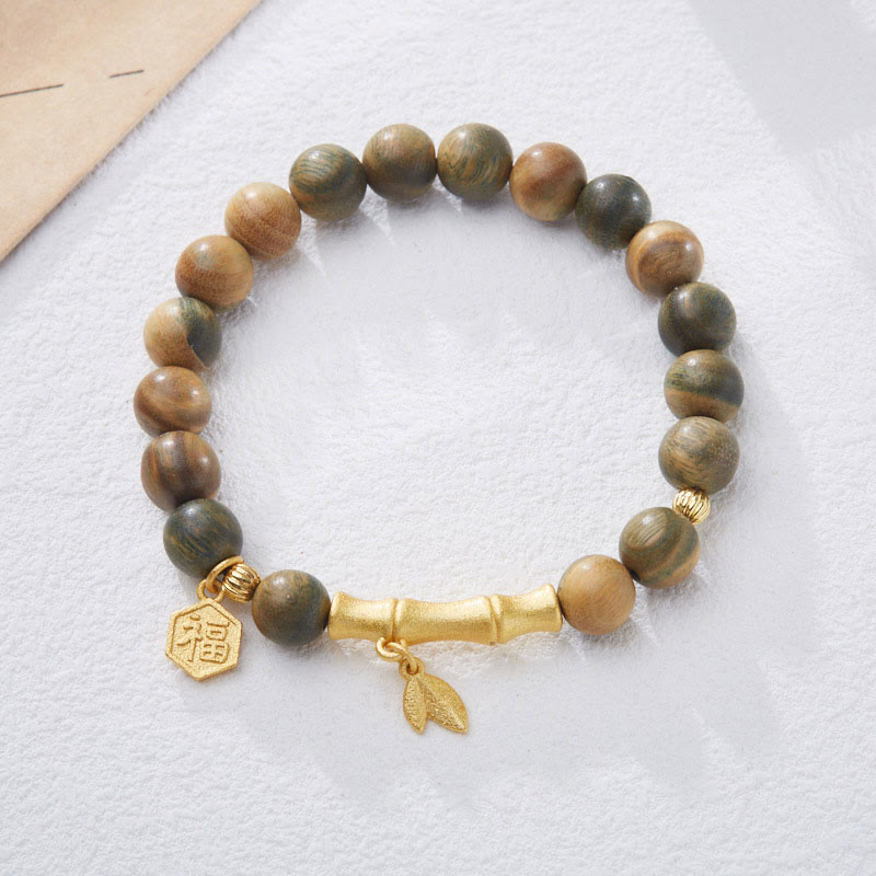 Buddha Stones Grünes Sandelholz Fu Zeichen Bambus Beruhigendes Armband