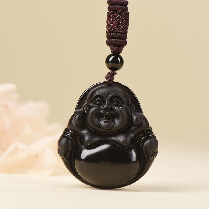 Buddha Stones Naturale Schwarze Obsidian Eis Obsidian Lachender Buddha Reinigungs-Halskette Anhänger