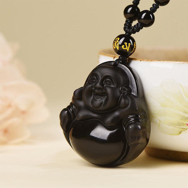 Buddha Stones Naturale Schwarze Obsidian Eis Obsidian Lachender Buddha Reinigungs-Halskette Anhänger