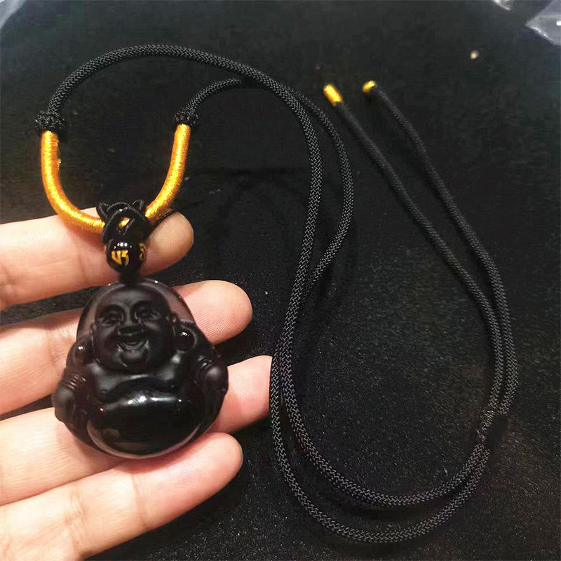 Buddha Stones Naturale Schwarze Obsidian Eis Obsidian Lachender Buddha Reinigungs-Halskette Anhänger