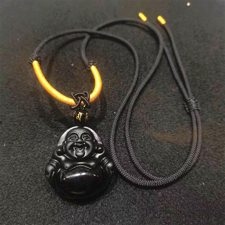 Buddha Stones Naturale Schwarze Obsidian Eis Obsidian Lachender Buddha Reinigungs-Halskette Anhänger