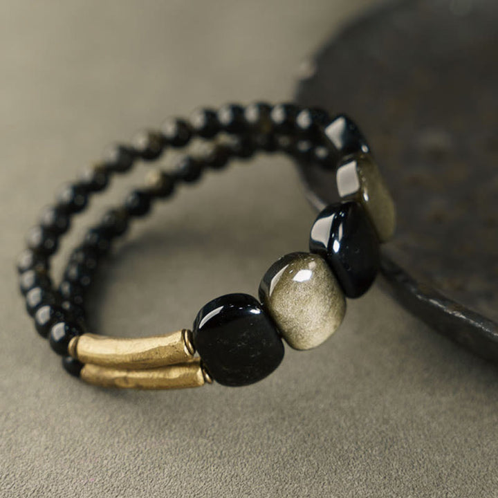 Buddha Stones Schwarzes Obsidian Goldenes Schimmernden Obsidian Stärkendes Armband