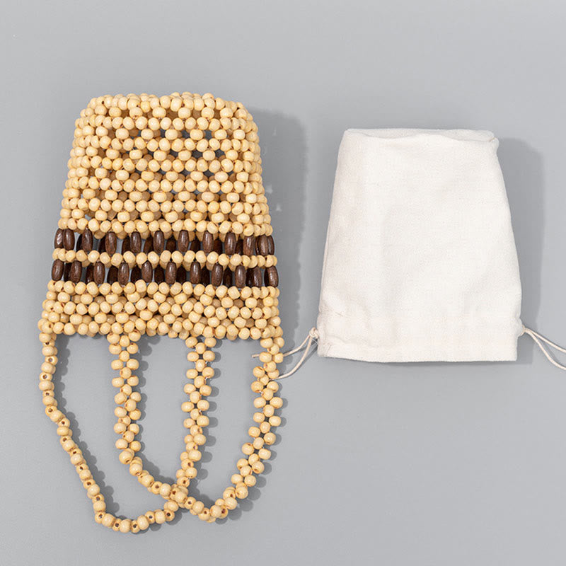 Buddha Stones handgewebter Eimer tragbare Holzkugeln-Handtasche
