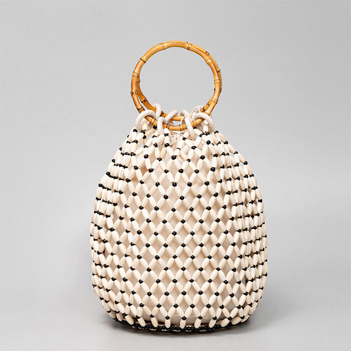 Buddha Stones Handgewebte Holzkugeln Bambusgriff Schultertasche Handtasche