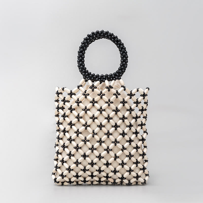 Buddha Stones Handgewebte Rauten-Holzperlen-Handtasche