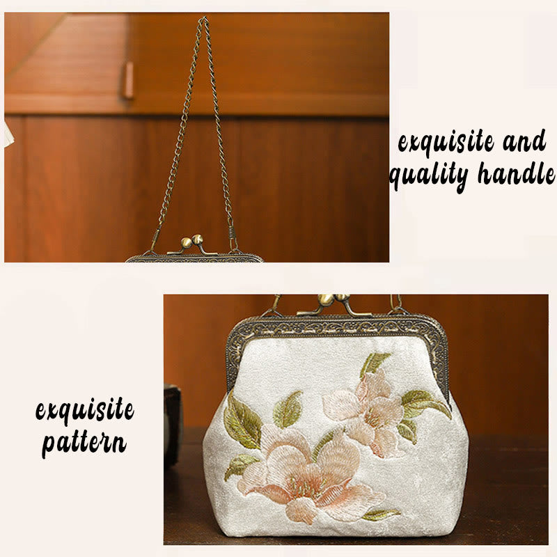 Buddha Stones Orchideen Orientalische Kirsche Schmetterlingsstickerei Metallgriff Handtasche