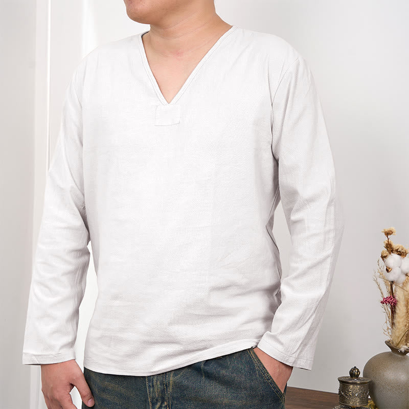 Buddha Stones Einfarbiges Herren-T-Shirt aus Baumwolle und Leinen mit V-Ausschnitt und langen Ärmeln - Weiß - US/ UK/AU46, EU56 (3XL) - image 1