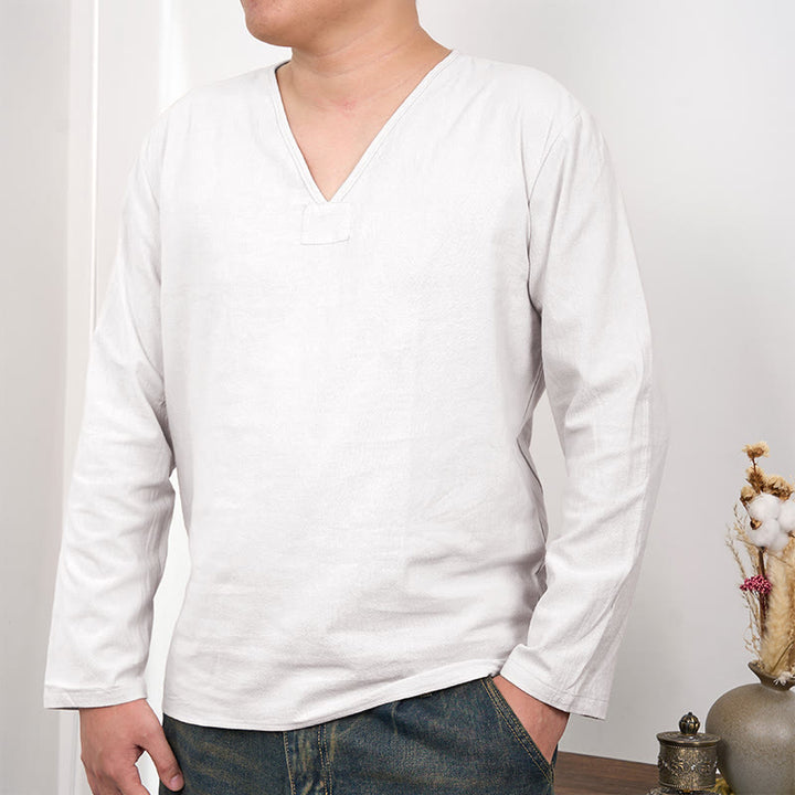 Buddha Stones Einfarbiges Herren-T-Shirt aus Baumwolle und Leinen mit V-Ausschnitt und langen Ärmeln - Weiß - US/ UK/AU46, EU56 (3XL) - image 1