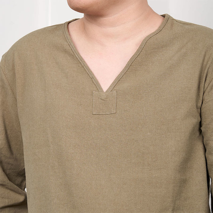 Buddha Stones Einfarbiges Herren-T-Shirt aus Baumwolle und Leinen mit V-Ausschnitt und langen Ärmeln - image 4