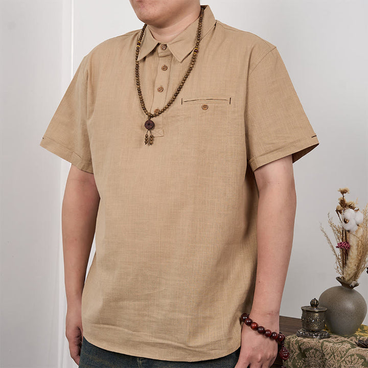 Buddha Stones Herren-Poloshirt aus Baumwolle und Leinen mit Knöpfen, kurzärmelig