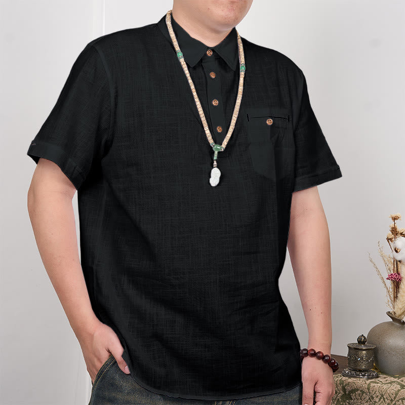 Buddha Stones Herren-Poloshirt aus Baumwolle und Leinen mit Knöpfen, kurzärmelig