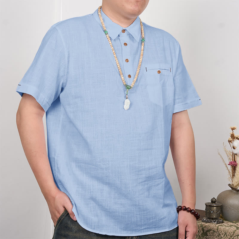 Buddha Stones Herren-Poloshirt aus Baumwolle und Leinen mit Knöpfen, kurzärmelig