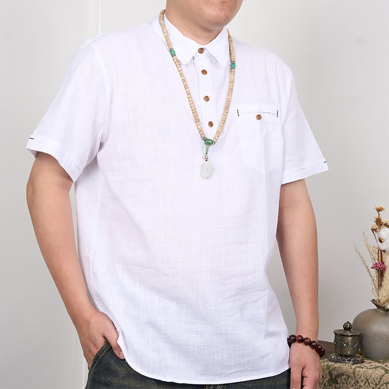 Buddha Stones Herren-Poloshirt aus Baumwolle und Leinen mit Knöpfen, kurzärmelig