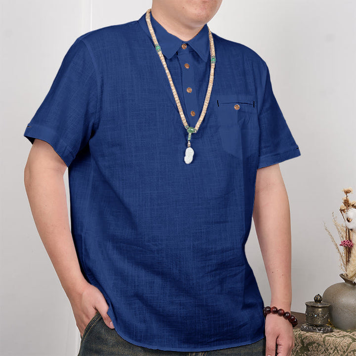 Buddha Stones Herren-Poloshirt aus Baumwolle und Leinen mit Knöpfen, kurzärmelig