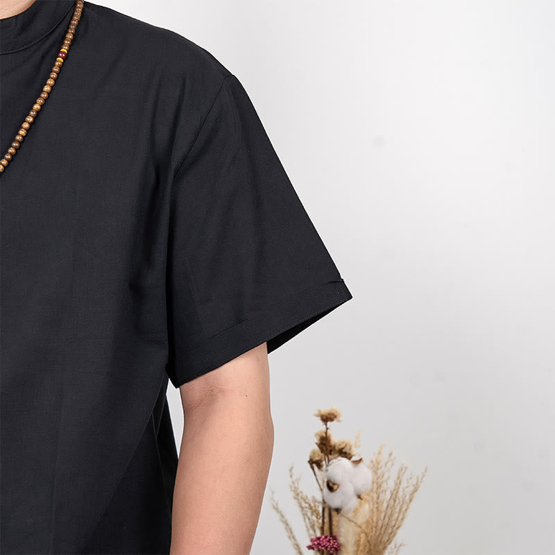 Buddha Stones Herrenhemd aus Baumwollleinen, einfarbig, kurzärmelig, mit halber Knopfleiste - image 5