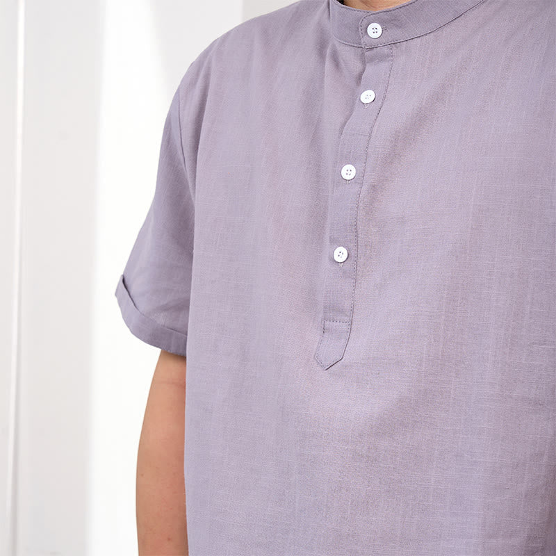 Buddha Stones Herrenhemd aus Baumwollleinen, einfarbig, kurzärmelig, mit halber Knopfleiste - image 8