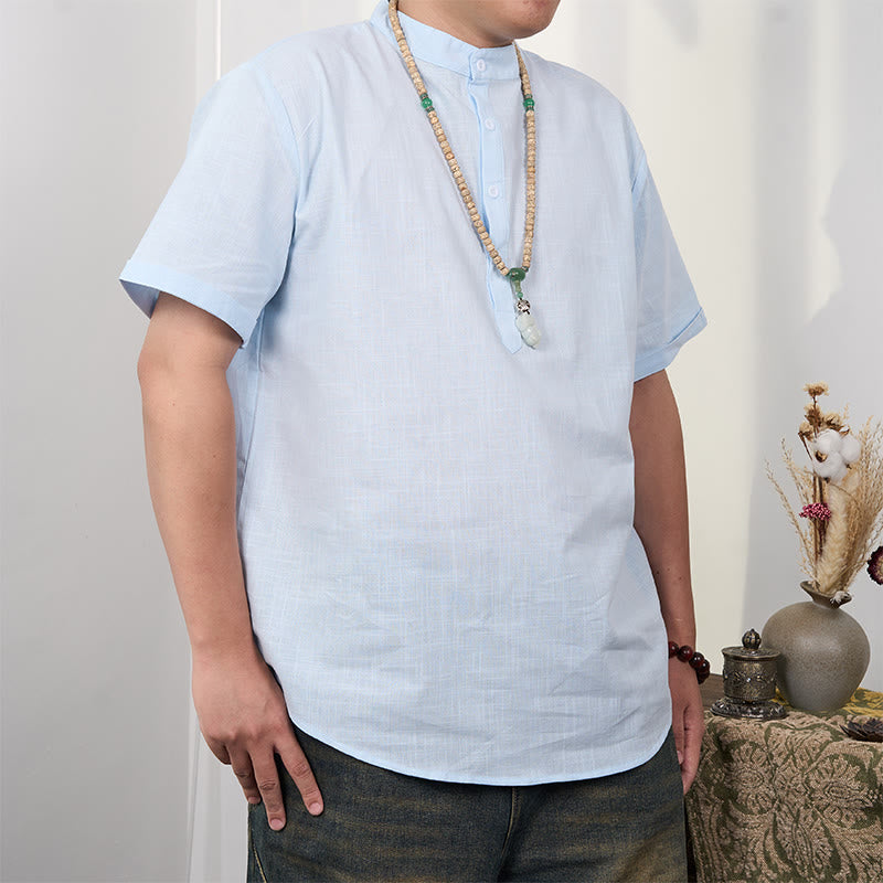 Buddha Stones Herrenhemd aus Baumwollleinen, einfarbig, kurzärmelig, mit halber Knopfleiste - Hellblau - US/ UK/AU44, EU54 (3XL) - image 13