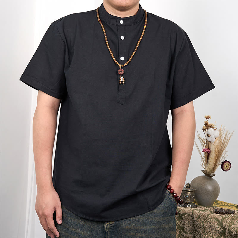 Buddha Stones Herrenhemd aus Baumwollleinen, einfarbig, kurzärmelig, mit halber Knopfleiste - Schwarz - US/ UK/AU44, EU54 (3XL) - image 3