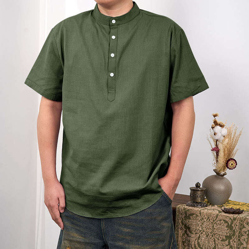 Buddha Stones Herrenhemd aus Baumwollleinen, einfarbig, kurzärmelig, mit halber Knopfleiste - Olivgrün - US/ UK/AU44, EU54 (3XL) - image 10
