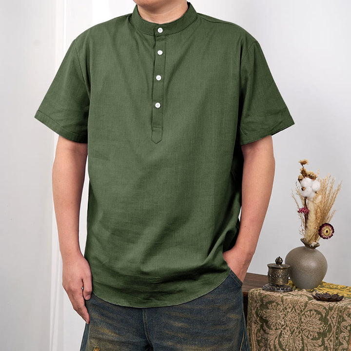 Buddha Stones Herrenhemd aus Baumwollleinen, einfarbig, kurzärmelig, mit halber Knopfleiste - Olivgrün - US/ UK/AU44, EU54 (3XL) - image 10