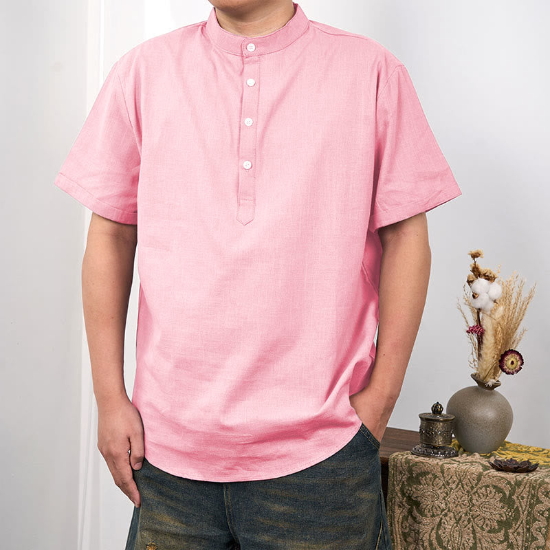 Buddha Stones Herrenhemd aus Baumwollleinen, einfarbig, kurzärmelig, mit halber Knopfleiste - Pfirsichpuff - US/ UK/AU44, EU54 (3XL) - image 11
