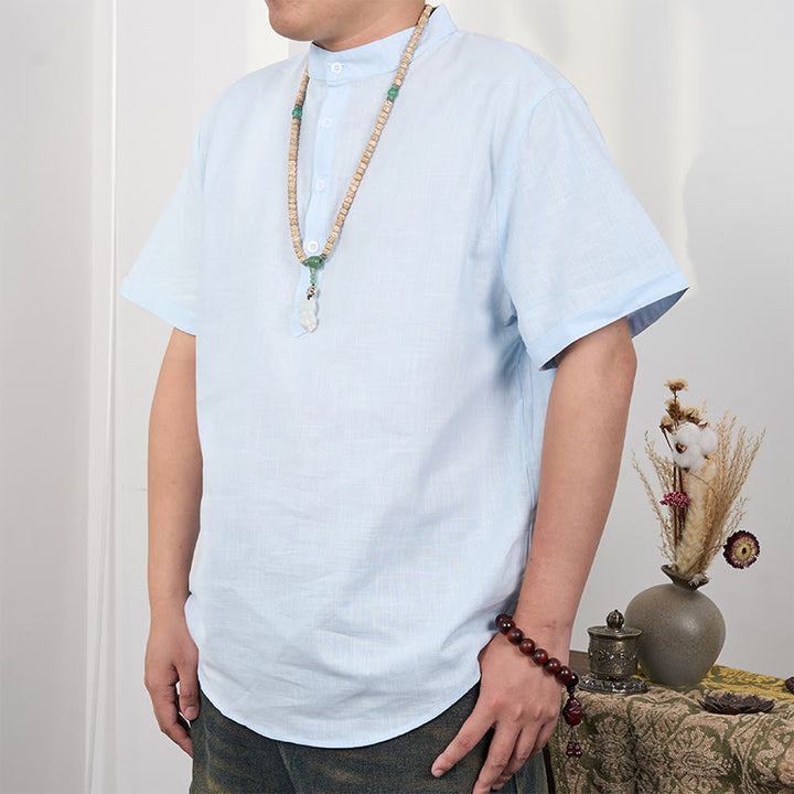 Buddha Stones Herrenhemd aus Baumwollleinen, einfarbig, kurzärmelig, mit halber Knopfleiste - image 14