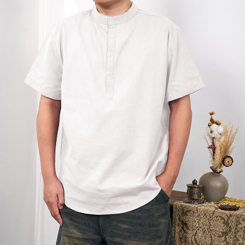 Buddha Stones Herrenhemd aus Baumwollleinen, einfarbig, kurzärmelig, mit halber Knopfleiste - Weiß - US/ UK/AU44, EU54 (3XL) - image 2