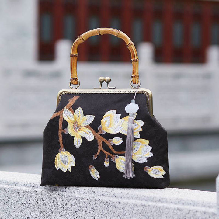 Buddha Stones Pflaumenblütenstickerei Bambusgriff Handtasche Umhängetasche