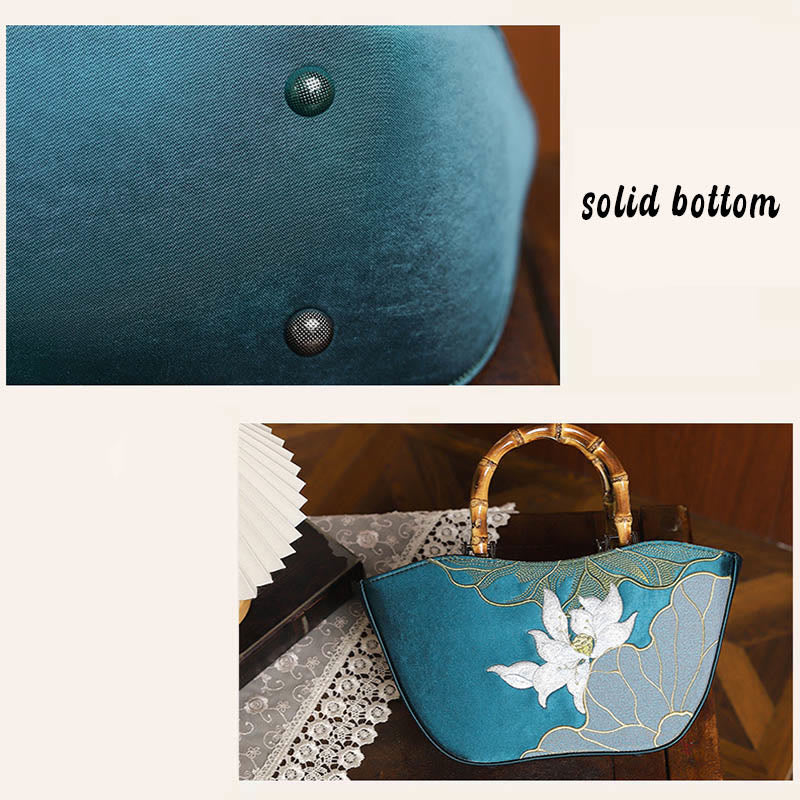 Buddha Stones Lotus Stickerei Bambusgriff Handtasche