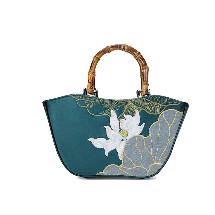 Buddha Stones Lotus Stickerei Bambusgriff Handtasche