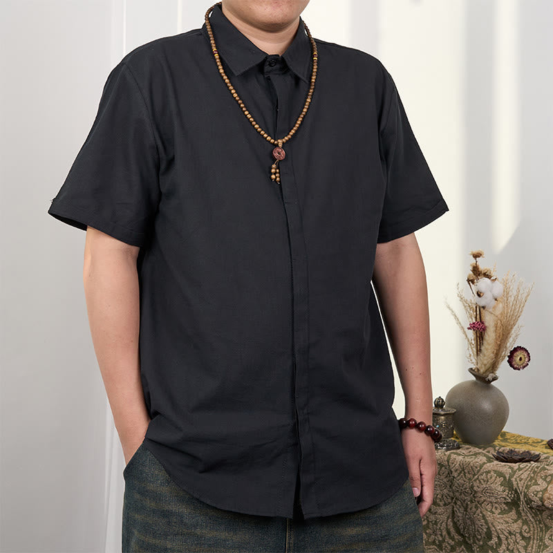 Buddha Stones Herrenhemd aus Baumwolle und Leinen mit kurzen Ärmeln und Knopfleiste - Schwarz - US/ UK/AU44，EU54 (3XL) - image 2