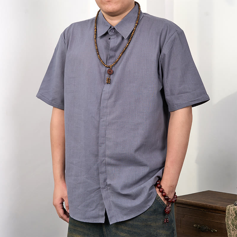 Buddha Stones Herrenhemd aus Baumwolle und Leinen mit kurzen Ärmeln und Knopfleiste - Dunkelgrau - US/ UK/AU44，EU54 (3XL) - image 0