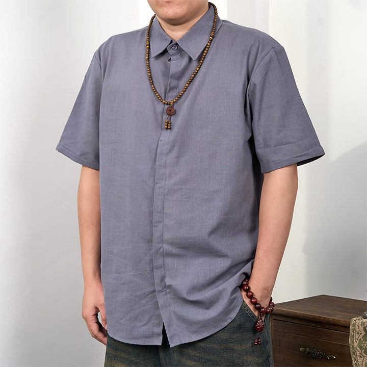 Buddha Stones Herrenhemd aus Baumwolle und Leinen mit kurzen Ärmeln und Knopfleiste - Dunkelgrau - US/ UK/AU44，EU54 (3XL) - image 0