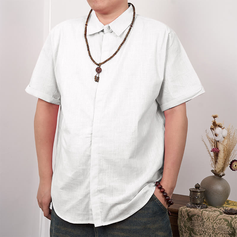 Buddha Stones Herrenhemd aus Baumwolle und Leinen mit kurzen Ärmeln und Knopfleiste - Weiß - US/ UK/AU44，EU54 (3XL) - image 1
