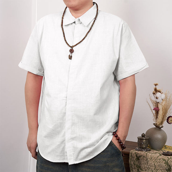 Buddha Stones Herrenhemd aus Baumwolle und Leinen mit kurzen Ärmeln und Knopfleiste - Weiß - US/ UK/AU44，EU54 (3XL) - image 1