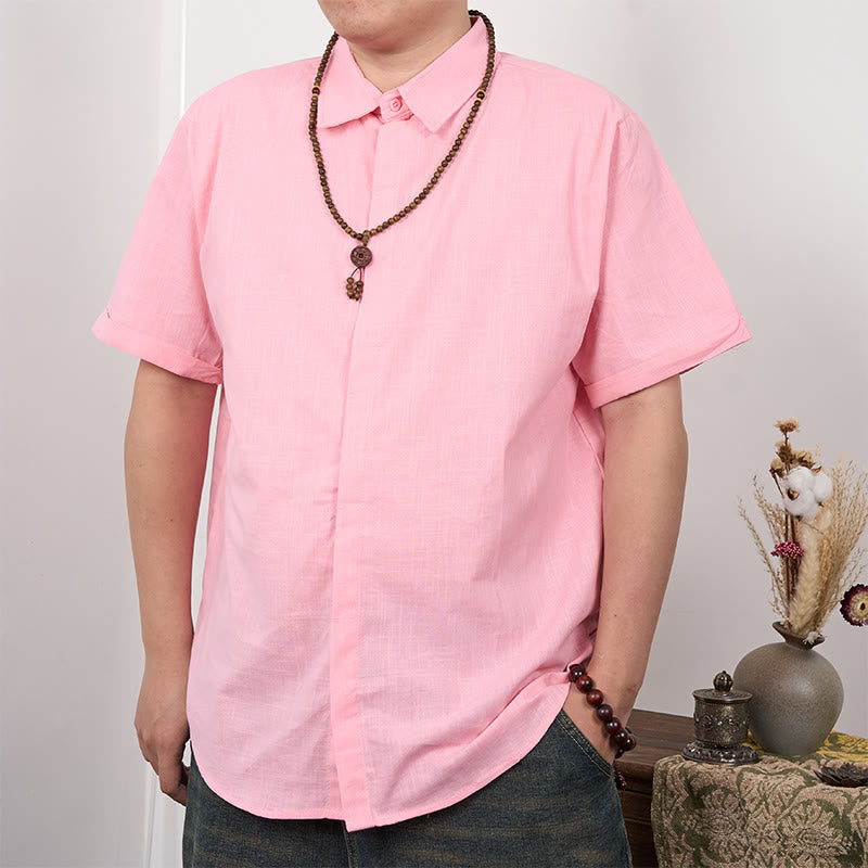 Buddha Stones Herrenhemd aus Baumwolle und Leinen mit kurzen Ärmeln und Knopfleiste - Rosa - US/ UK/AU44，EU54 (3XL) - image 10