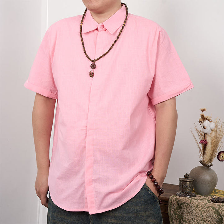 Buddha Stones Herrenhemd aus Baumwolle und Leinen mit kurzen Ärmeln und Knopfleiste - Rosa - US/ UK/AU44，EU54 (3XL) - image 10