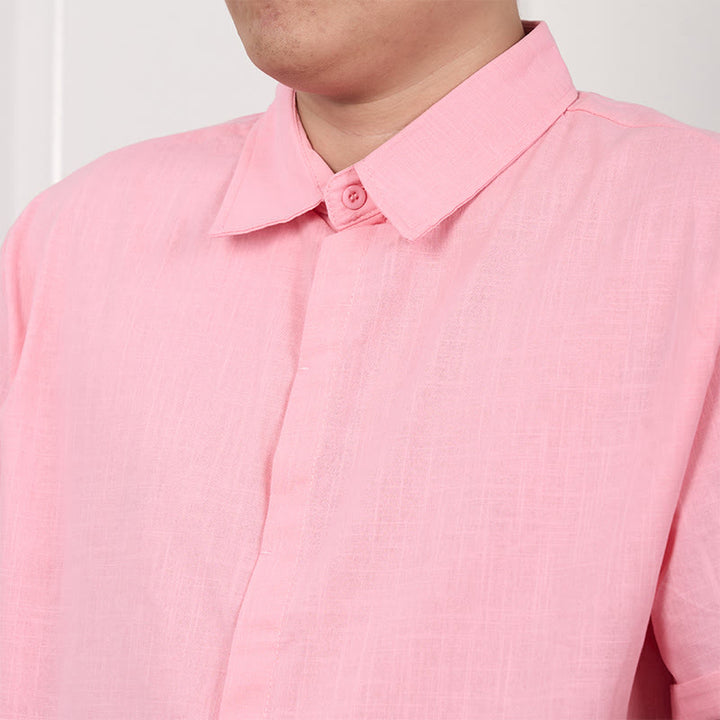 Buddha Stones Herrenhemd aus Baumwolle und Leinen mit kurzen Ärmeln und Knopfleiste - image 11