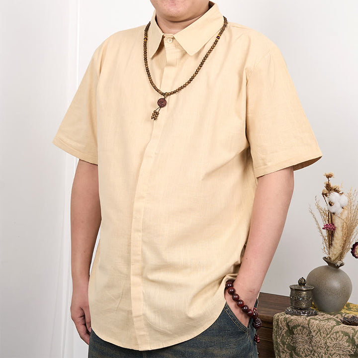 Buddha Stones Herrenhemd aus Baumwolle und Leinen mit kurzen Ärmeln und Knopfleiste - Weizen - US/ UK/AU44，EU54 (3XL) - image 6