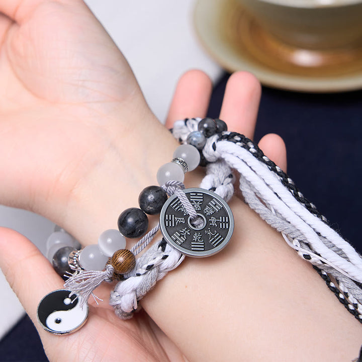 Armband mit Buddha-Steine, schwarzer Glitzerstein, Katzenauge, Yin-Yang, Berggeister, Geld ausgeben, Kraft, doppellagiges Seil