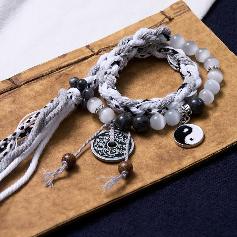 Armband mit Buddha-Steine, schwarzer Glitzerstein, Katzenauge, Yin-Yang, Berggeister, Geld ausgeben, Kraft, doppellagiges Seil