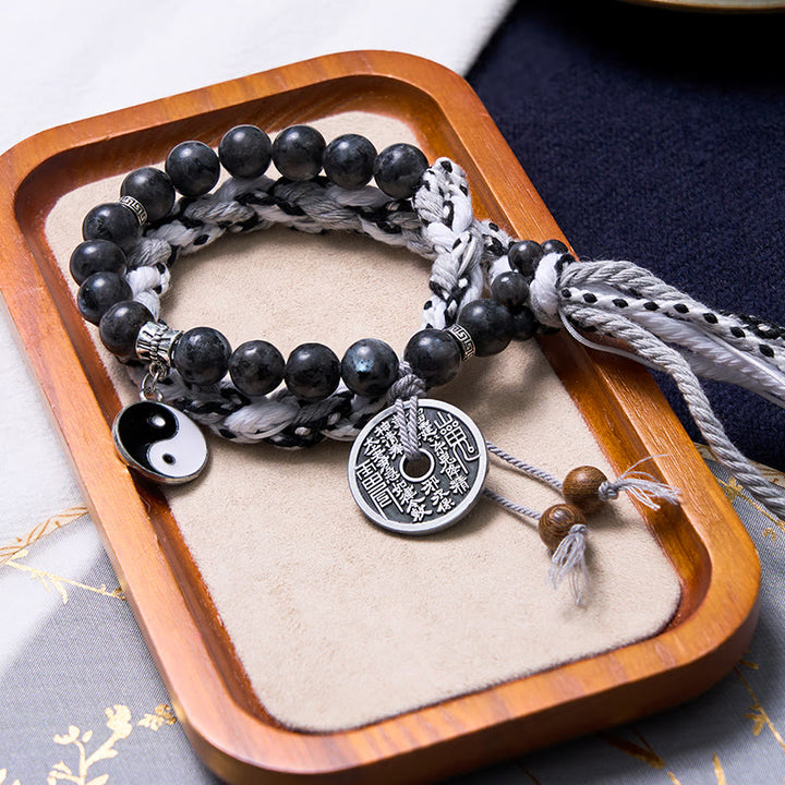 Armband mit Buddha-Steine, schwarzer Glitzerstein, Katzenauge, Yin-Yang, Berggeister, Geld ausgeben, Kraft, doppellagiges Seil