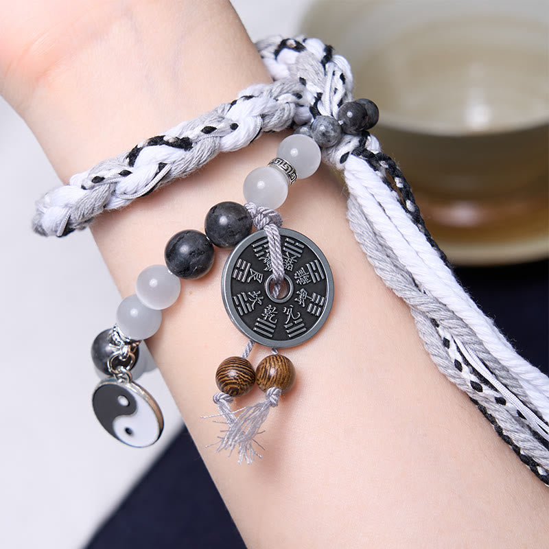 Armband mit Buddha-Steine, schwarzer Glitzerstein, Katzenauge, Yin-Yang, Berggeister, Geld ausgeben, Kraft, doppellagiges Seil