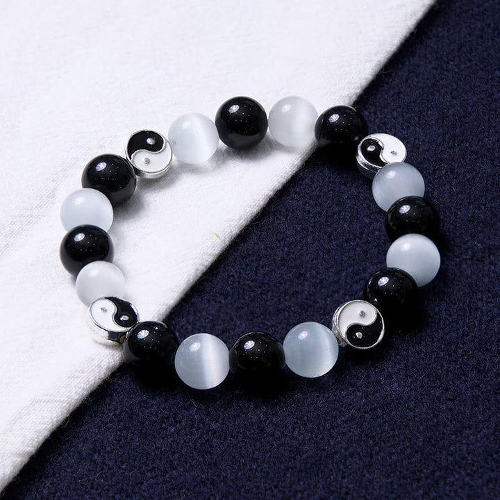 Buddha Stones Armband aus schwarzem Obsidian mit Katzenauge, Yin und Yang, zur Reinigung und Stärkung