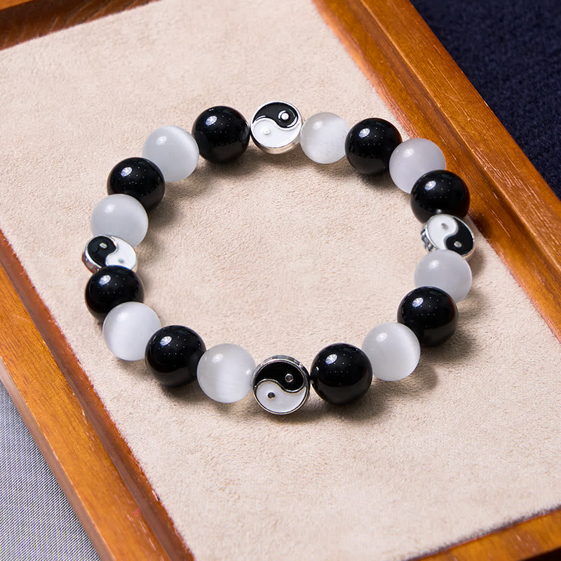 Buddha Stones Armband aus schwarzem Obsidian mit Katzenauge, Yin und Yang, zur Reinigung und Stärkung