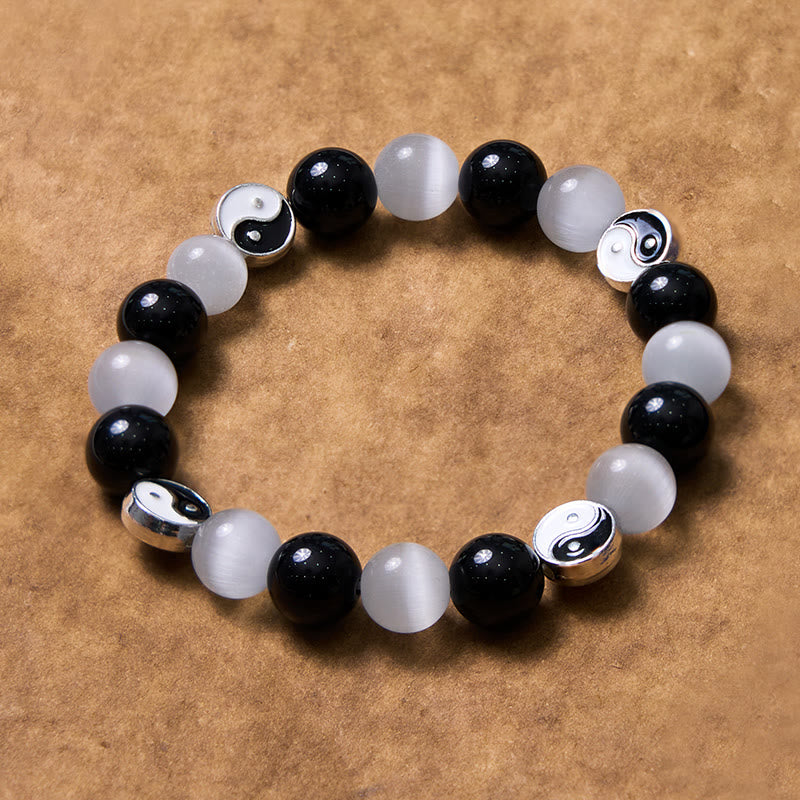 Buddha Stones Armband aus schwarzem Obsidian mit Katzenauge, Yin und Yang, zur Reinigung und Stärkung