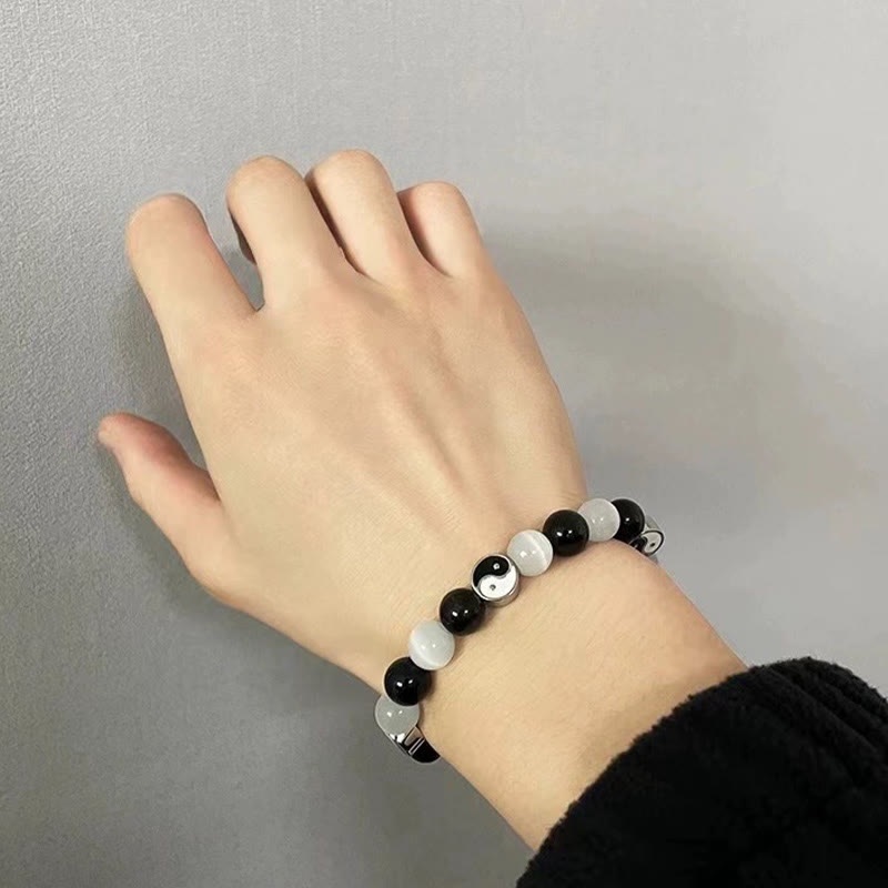 Buddha Stones Armband aus schwarzem Obsidian mit Katzenauge, Yin und Yang, zur Reinigung und Stärkung