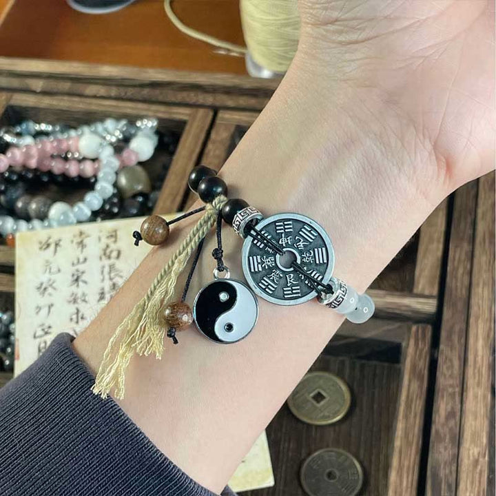 Buddha-Steine, Katzenauge, Ebenholz, Yin-Yang-Bagua-Münze, Stützseil-Armband