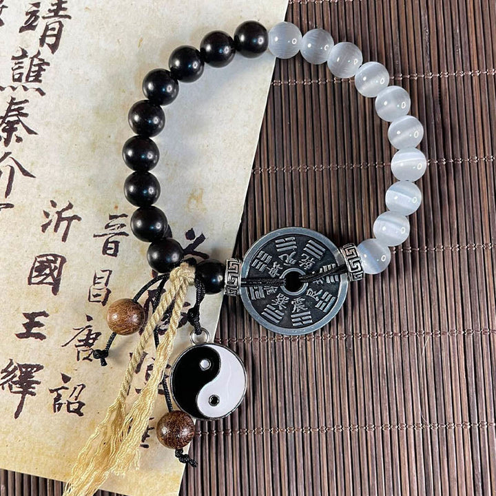 Buddha-Steine, Katzenauge, Ebenholz, Yin-Yang-Bagua-Münze, Stützseil-Armband