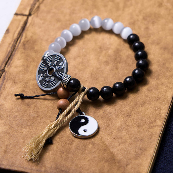 Buddha-Steine, Katzenauge, Ebenholz, Yin-Yang-Bagua-Münze, Stützseil-Armband